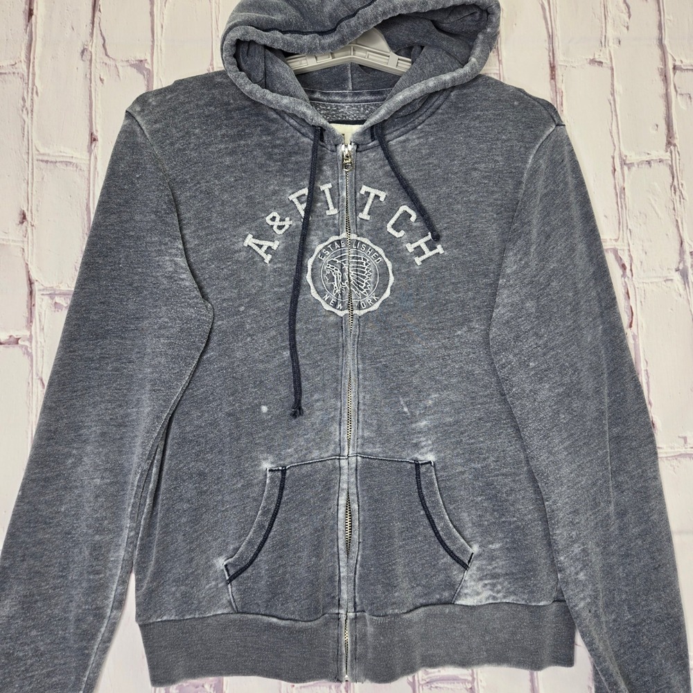 Abercrombie & Fitch Women Vintage Y2K Zip‎ Up Hoodie Distressed Navy Blue Medium